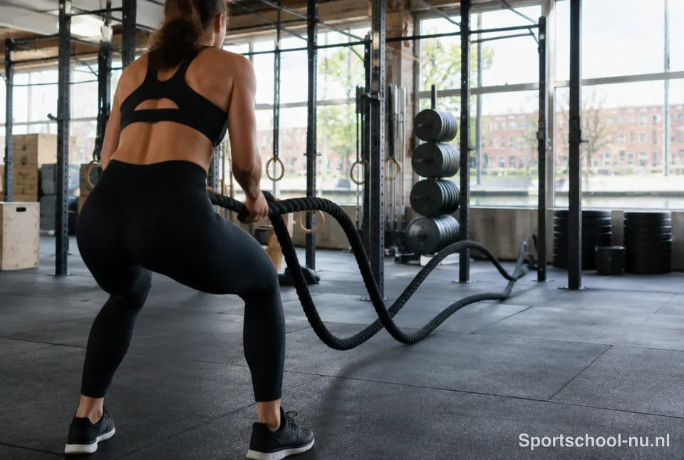 Sporter doet een oefening met touwen in een crossfit-box